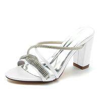 Women's Wedding Shoes Slip-on Opened Toe Cross-strap Block Heel Bridal Shoes with Spiral Rhinestone