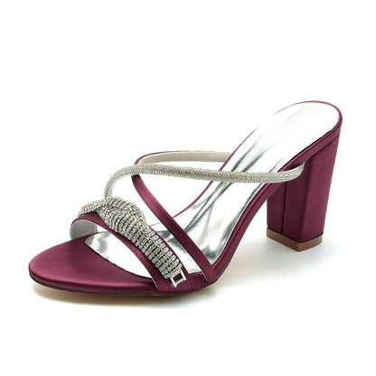 Women's Wedding Shoes Slip-on Opened Toe Cross-strap Block Heel Bridal Shoes with Spiral Rhinestone