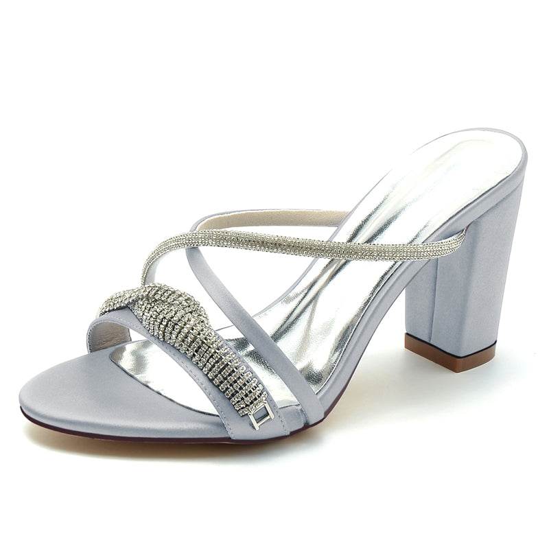 Women's Wedding Shoes Slip-on Opened Toe Cross-strap Block Heel Bridal Shoes with Spiral Rhinestone