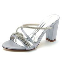 Women's Wedding Shoes Slip-on Opened Toe Cross-strap Block Heel Bridal Shoes with Spiral Rhinestone