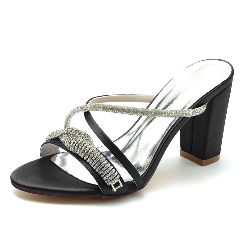 Women's Wedding Shoes Slip-on Opened Toe Cross-strap Block Heel Bridal Shoes with Spiral Rhinestone