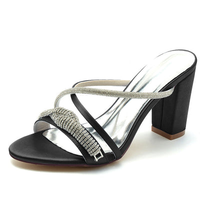 Women's Wedding Shoes Slip-on Opened Toe Cross-strap Block Heel Bridal Shoes with Spiral Rhinestone