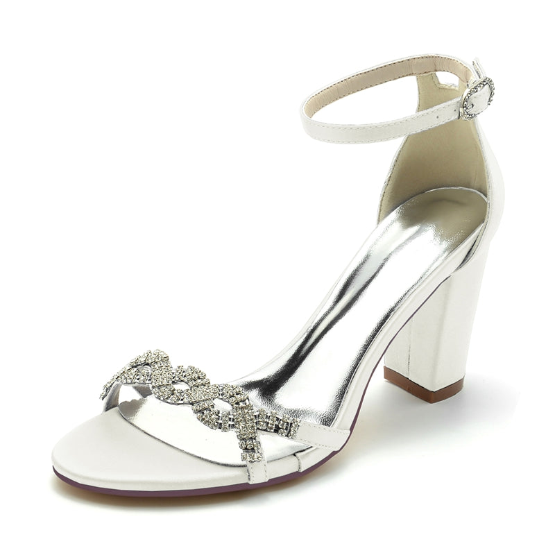 Women's Wedding Shoes Opened Toe Rhinestone Strap Enclosed Heel Buckle Bridal Shoes