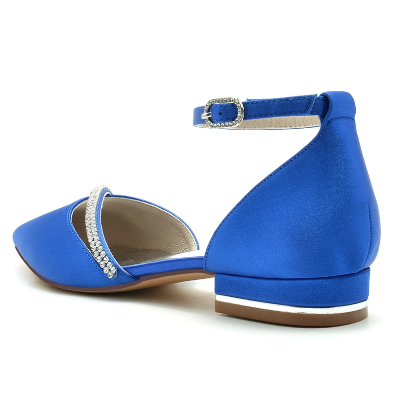 Women's Wedding Shoes Pointed Toe Low Heel Buckle Bridal Shoes with Crystal Straps
