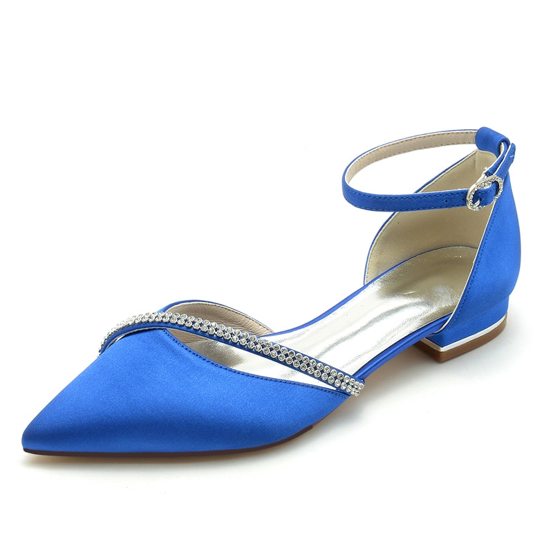 Women's Wedding Shoes Pointed Toe Low Heel Buckle Bridal Shoes with Crystal Straps
