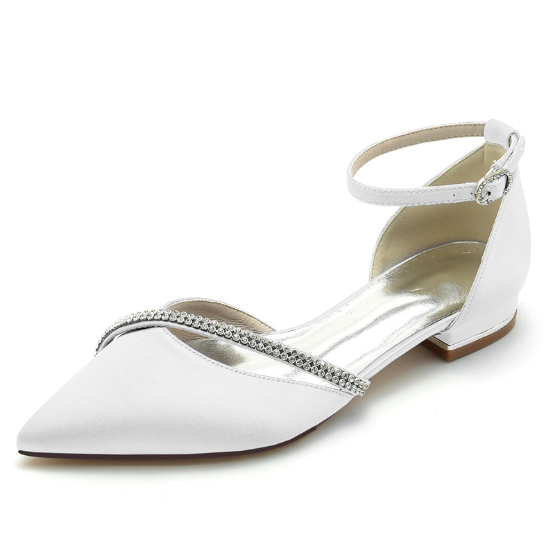 Women's Wedding Shoes Pointed Toe Low Heel Buckle Bridal Shoes with Crystal Straps