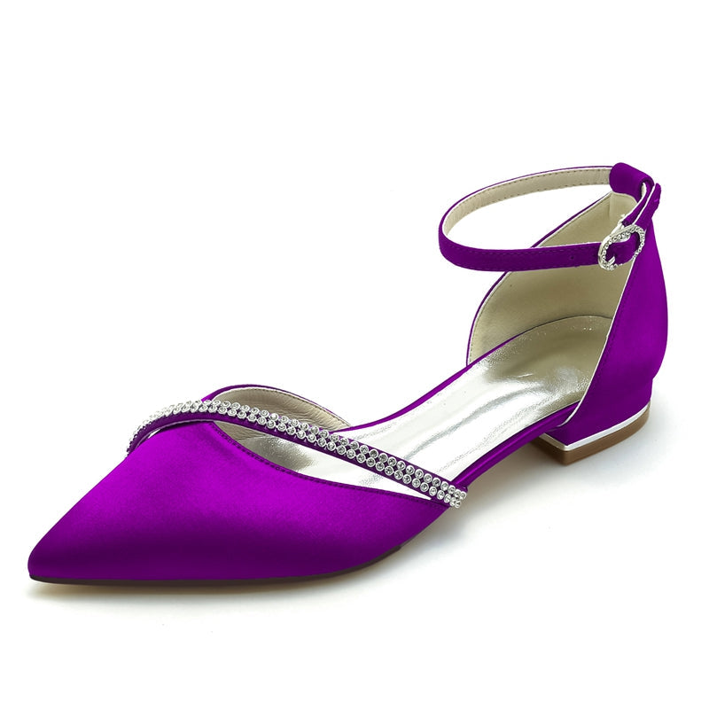Women's Wedding Shoes Pointed Toe Low Heel Buckle Bridal Shoes with Crystal Straps