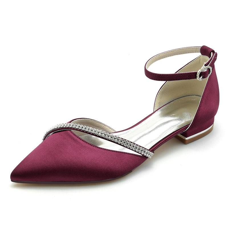 Women's Wedding Shoes Pointed Toe Low Heel Buckle Bridal Shoes with Crystal Straps
