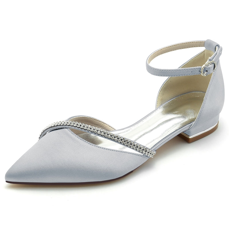 Women's Wedding Shoes Pointed Toe Low Heel Buckle Bridal Shoes with Crystal Straps