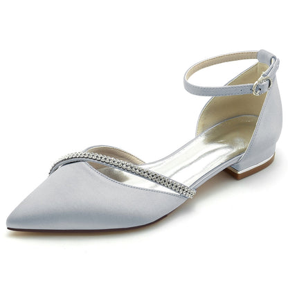 Women's Wedding Shoes Pointed Toe Low Heel Buckle Bridal Shoes with Crystal Straps