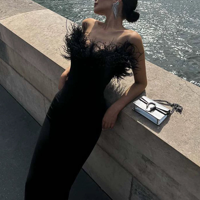 Sheath / Column Evening Dress Cocktail Party Floor Length Off The Shoulder Sleevesless Stretch Crepe with Feather