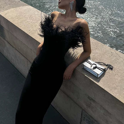 Sheath / Column Evening Dress Cocktail Party Floor Length Off The Shoulder Sleevesless Stretch Crepe with Feather