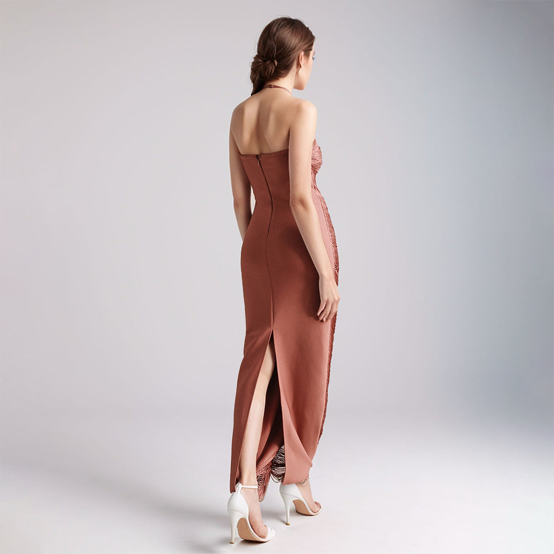 Sheath Cocktail Dress Tassels Party Dress Sleeveless Ankle Length Halter Neck With Ruffles