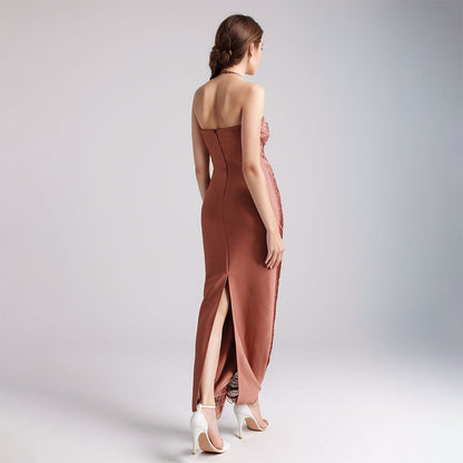 Sheath Cocktail Dress Tassels Party Dress Sleeveless Ankle Length Halter Neck With Ruffles