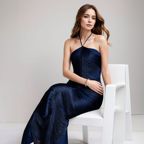 Sheath Cocktail Dress Tassels Party Dress Sleeveless Ankle Length Halter Neck With Ruffles