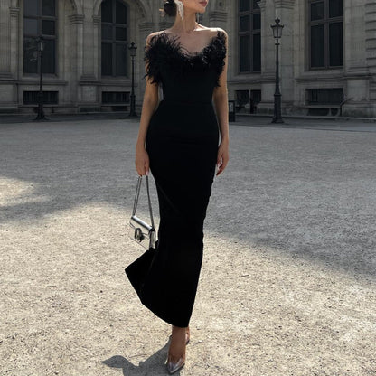 Sheath / Column Evening Dress Cocktail Party Floor Length Off The Shoulder Sleevesless Stretch Crepe with Feather