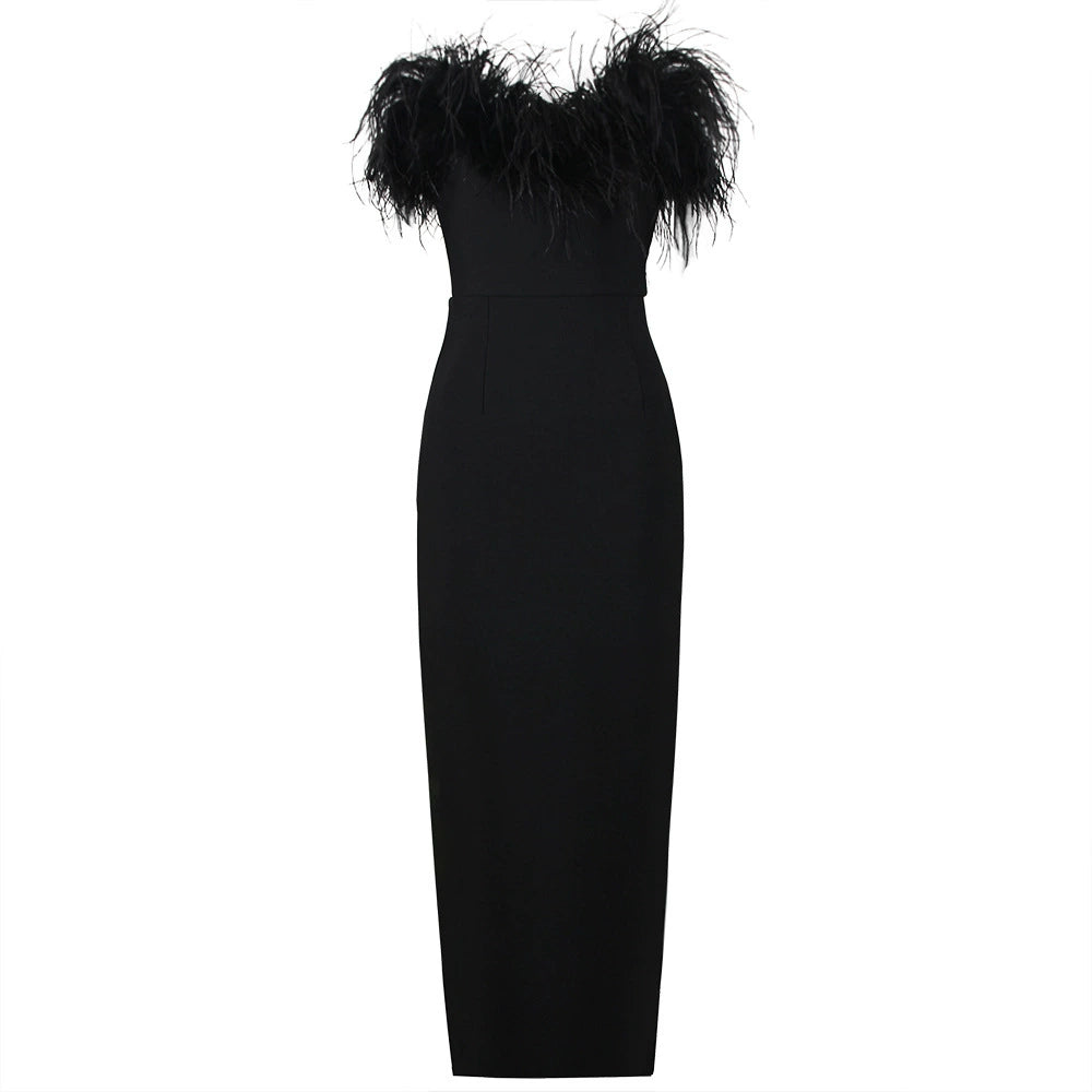 Sheath / Column Evening Dress Cocktail Party Floor Length Off The Shoulder Sleevesless Stretch Crepe with Feather