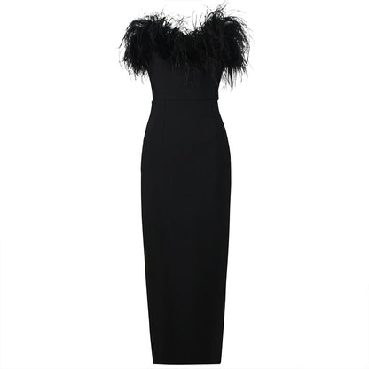 Sheath / Column Evening Dress Cocktail Party Floor Length Off The Shoulder Sleevesless Stretch Crepe with Feather