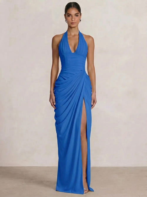 Mermaid Evening Dresses Chiffon Halter Neck Ruched Formal Dresses Split Side Wedding Guest