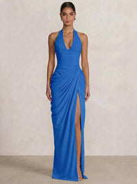 Mermaid Evening Dresses Chiffon Halter Neck Ruched Formal Dresses Split Side Wedding Guest
