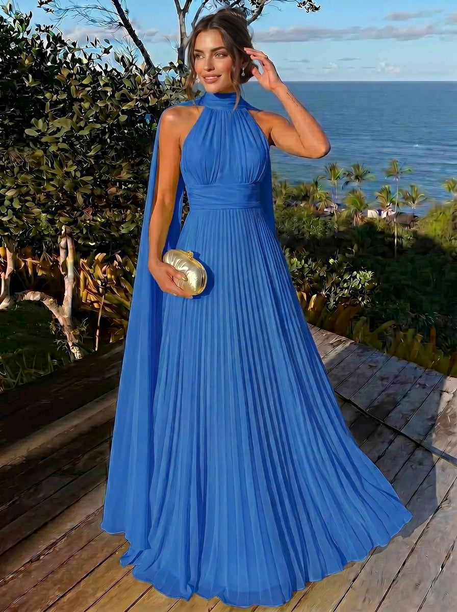 A Line/Princesses Evening Dresses Ruched Grecian Style Chiffon Halter Neck Floor-Length Formal Dress Wedding Guest Summer Dress