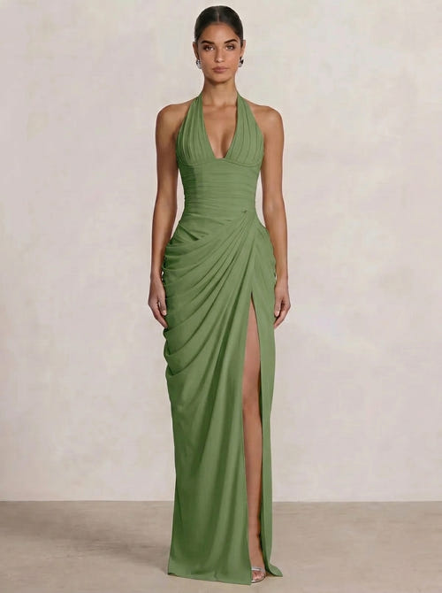 Mermaid Evening Dresses Chiffon Halter Neck Ruched Formal Dresses Split Side Wedding Guest