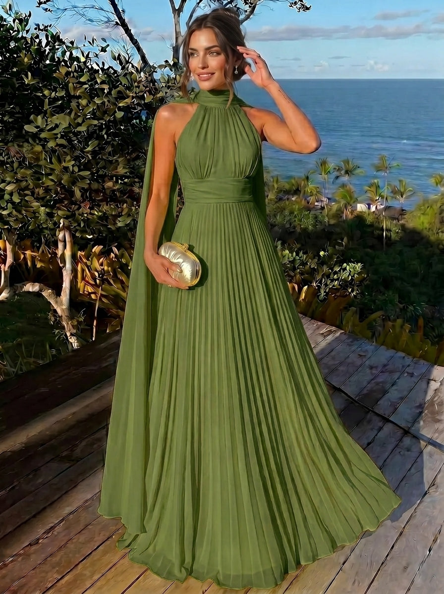 Nafori Olive Green A Line/Princesses Evening Dresses Ruched Grecian Style Chiffon Pleated Halter Neck Floor-Length Formal Dress Wedding Guest Summer