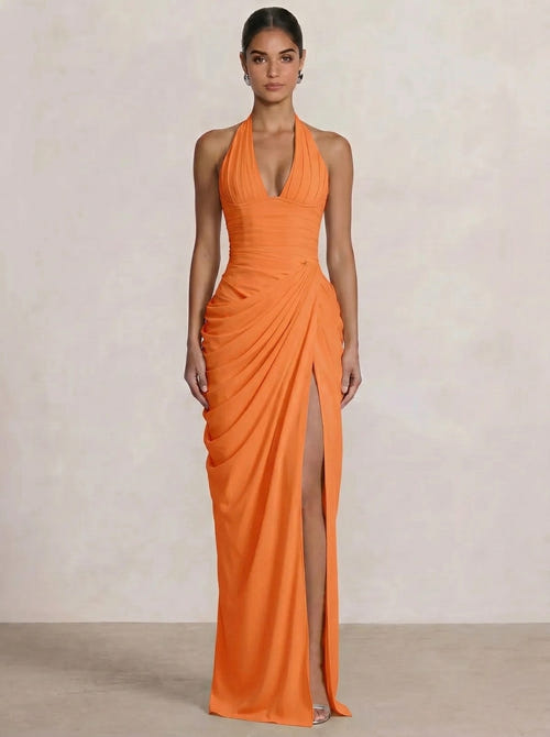Mermaid Evening Dresses Chiffon Halter Neck Ruched Formal Dresses Split Side Wedding Guest