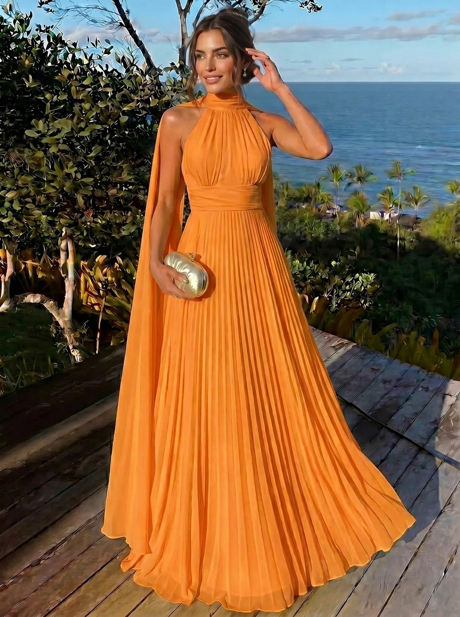 A Line/Princesses Evening Dresses Ruched Grecian Style Chiffon Halter Neck Floor-Length Formal Dress Wedding Guest Summer Dress