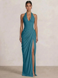 Mermaid Evening Dresses Chiffon Halter Neck Ruched Formal Dresses Split Side Wedding Guest