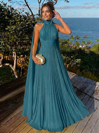 A Line/Princesses Evening Dresses Ruched Grecian Style Chiffon Halter Neck Floor-Length Formal Dress Wedding Guest Summer Dress