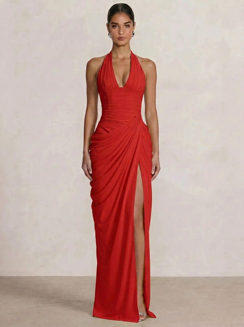 Mermaid Evening Dresses Chiffon Halter Neck Ruched Formal Dresses Split Side Wedding Guest
