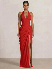 Mermaid Evening Dresses Chiffon Halter Neck Ruched Formal Dresses Split Side Wedding Guest
