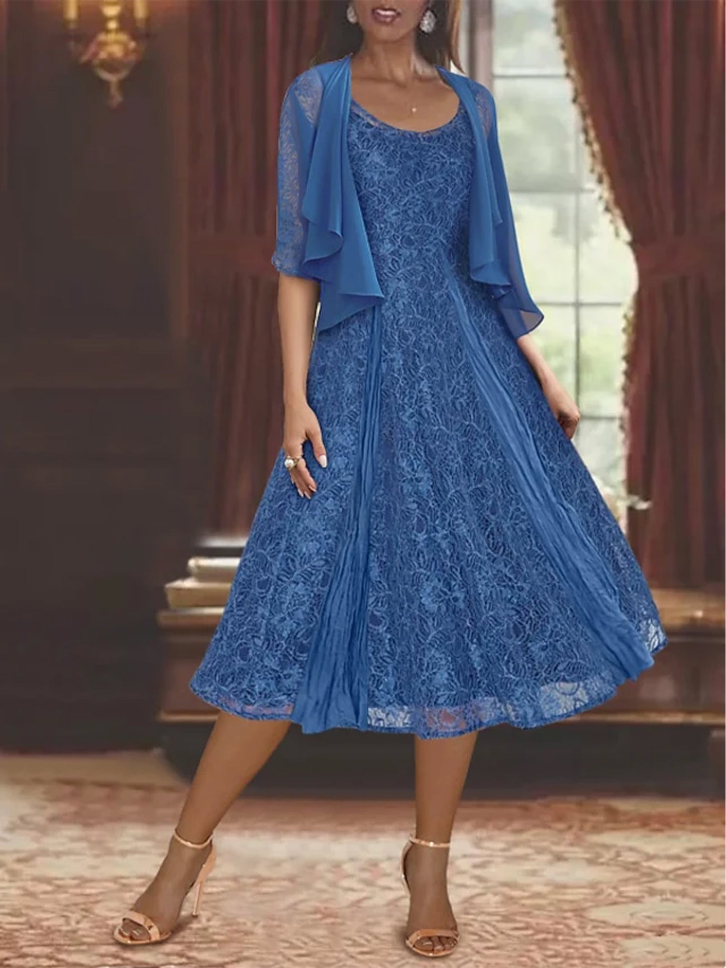 A-Line/Princess Scoop Half Sleeves Tea-Length Mother of the Bride Dresses with Appliques & Jackets
