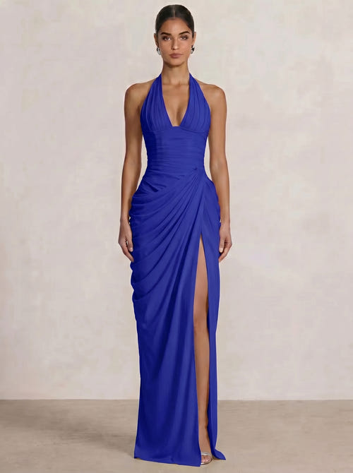 Mermaid Evening Dresses Chiffon Halter Neck Ruched Formal Dresses Split Side Wedding Guest