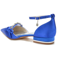Women's Wedding Shoe Crystal Bow Silk Satin Pointed Toe Low Buckle Bridal Shoes