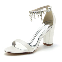 Women's Wedding Shoes Peep Toe Chunky Heel Rhinestone Ankle Strap Bridal Shoes