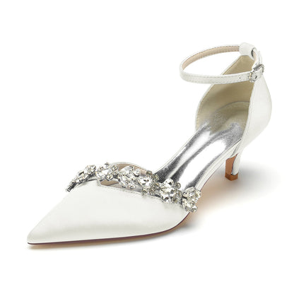Women's Wedding Shoes Rhinestone Pointed Toe Mid Heel Buckle Bridal Shoes