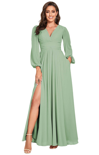 A-Line/Princess Plunging Neck Long Sleeves Bridesmaid Dresses