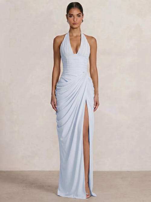 Mermaid Evening Dresses Chiffon Halter Neck Ruched Formal Dresses Split Side Wedding Guest