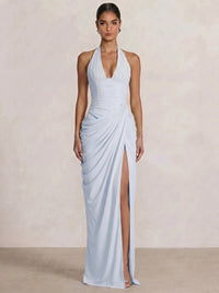 Mermaid Evening Dresses Chiffon Halter Neck Ruched Formal Dresses Split Side Wedding Guest