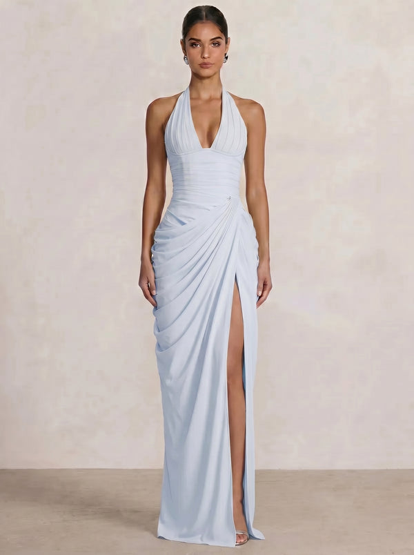 Mermaid Evening Dresses Chiffon Halter Neck Ruched Formal Dresses Split Side Wedding Guest
