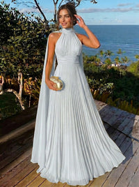 A Line/Princesses Evening Dresses Ruched Grecian Style Chiffon Halter Neck Floor-Length Formal Dress Wedding Guest Summer Dress