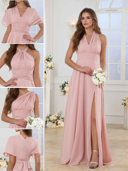 A-Line/Princess  Halter One Shoulder V-Neck Floor-Length Chiffon Bridesmaid Dress