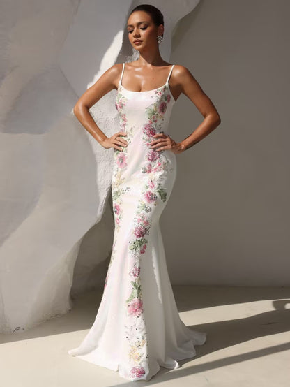 Trumpet/Mermaid Prom Dress Spaghetti Straps Formal Sequins Dresses Floral Floor-Length