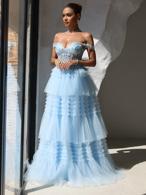 A-Line/Princess Prom Dress Short Sleeves Tulle Layered Formal Gowns Long Dresses With Split Side Appliques
