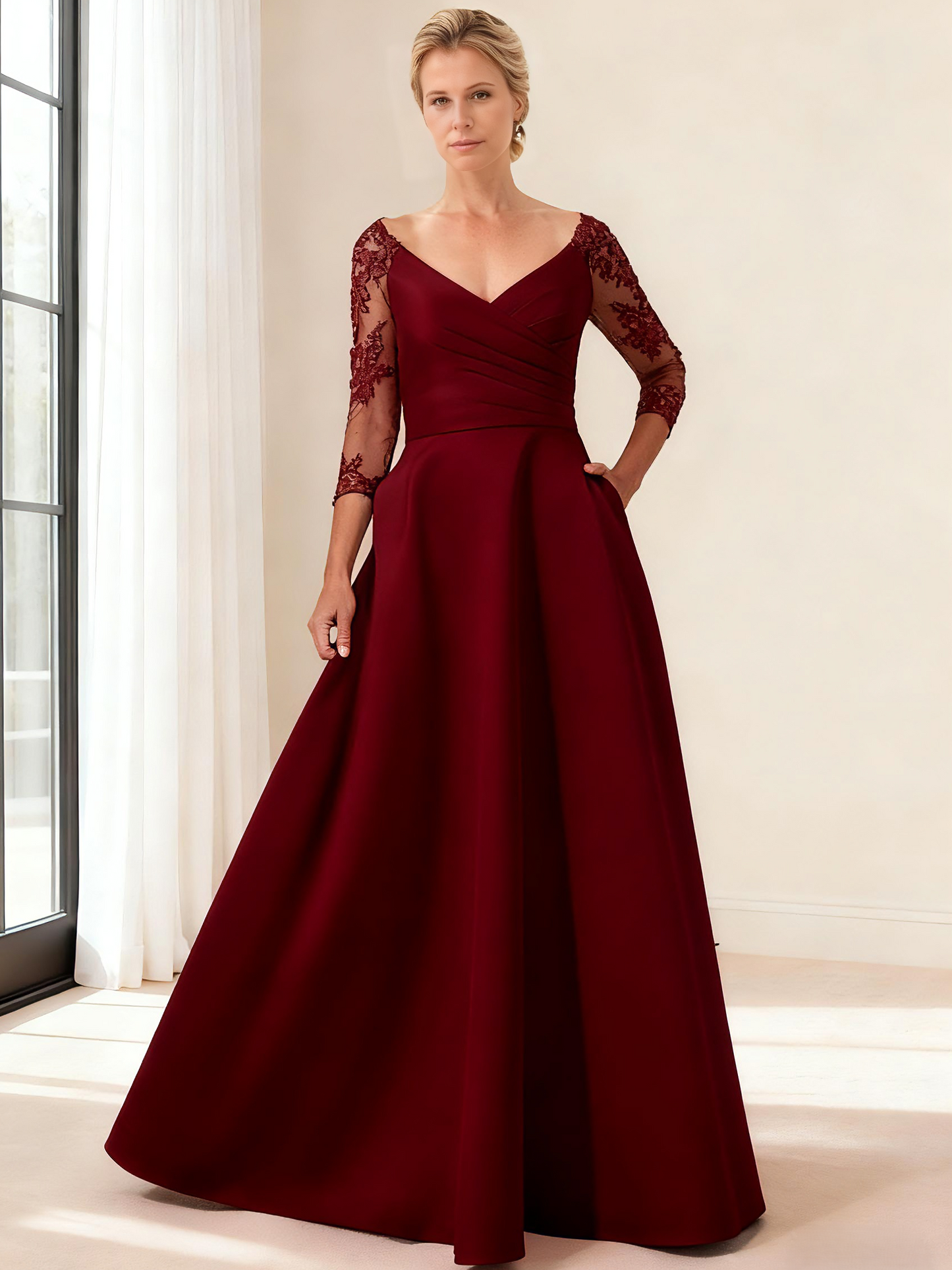A-Line/Princess Mother Of The Bride Dress V Neck Long Sleeves Floor-Length Satin Formal Dress With Appliques Pocket