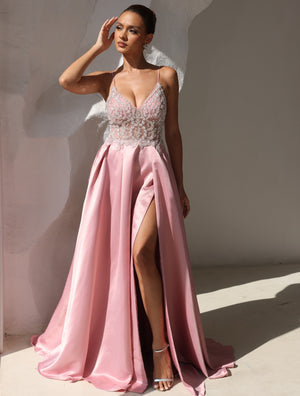 A Line Prom Dress Spaghetti Straps Formal Sequins Dresses Floor Length Satin Side Split Appliques