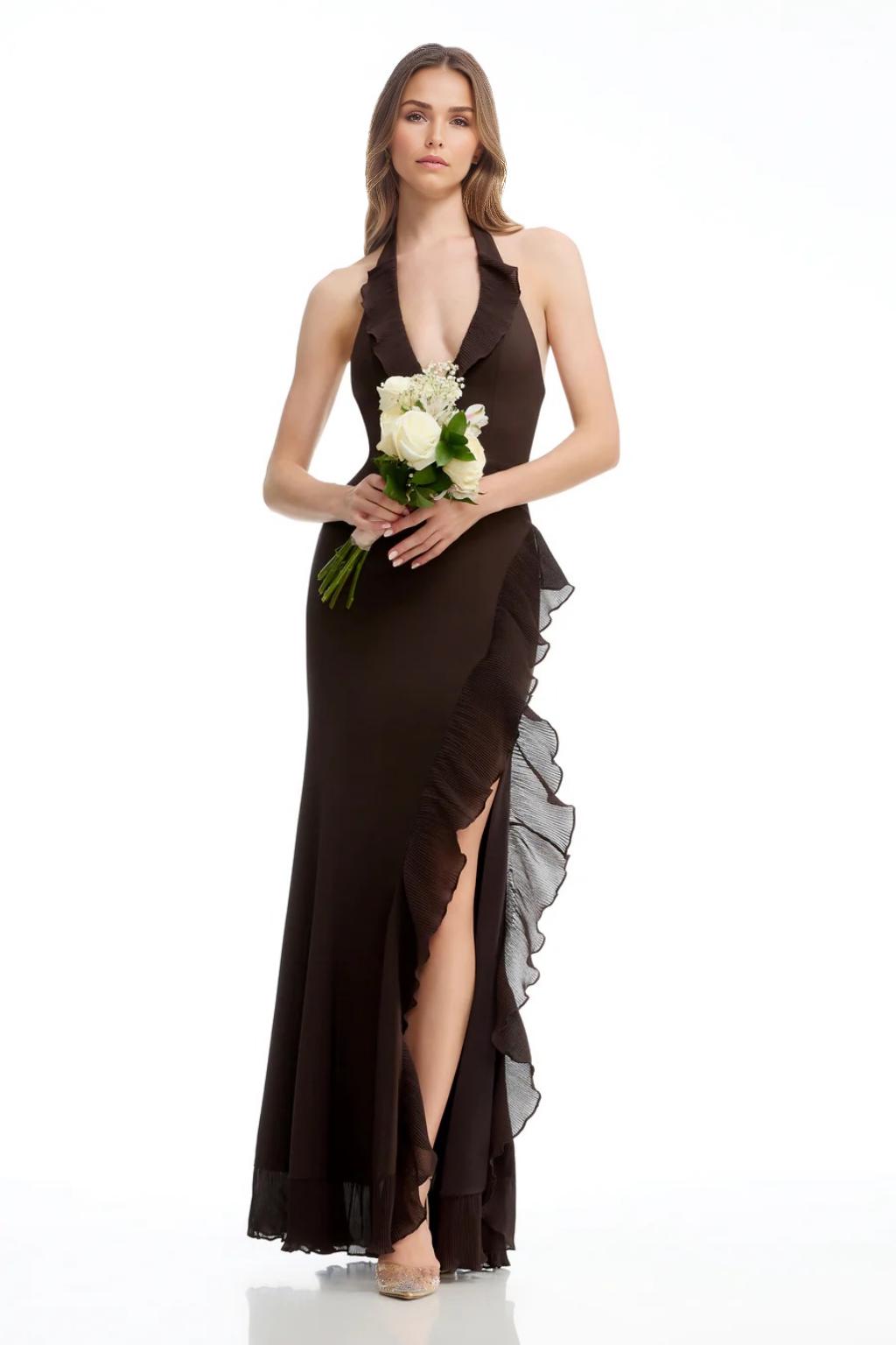 A-Line/Princess Chiffon Bridesmaid Dresses Floor-Length Halter&V-Neck Sleeveless Back Zipper Wedding Guest Dresses With Side Slit&Ruffle