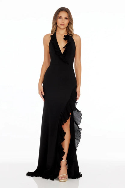 A-Line/Princess Chiffon Bridesmaid Dresses Floor-Length Halter&V-Neck Sleeveless Back Zipper Wedding Guest Dresses With Side Slit&Ruffle